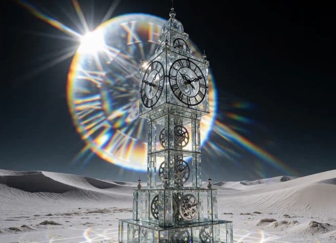 A transparent clock tower in pale dunes with a prismatic halo, from the Krea 2 Turbo image-generation tutorial.