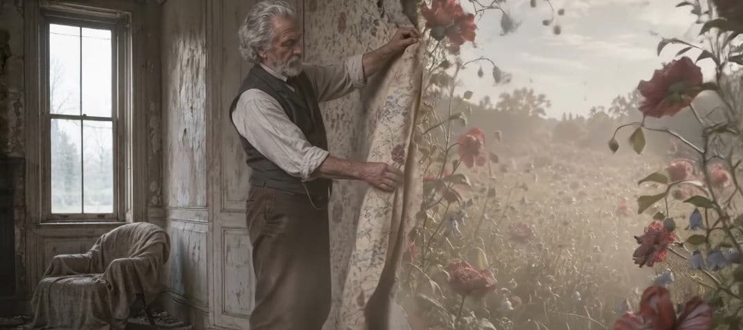 A man pulls back floral wallpaper to reveal a sunlit field of flowers, from the LTX 2.5 Director tutorial.