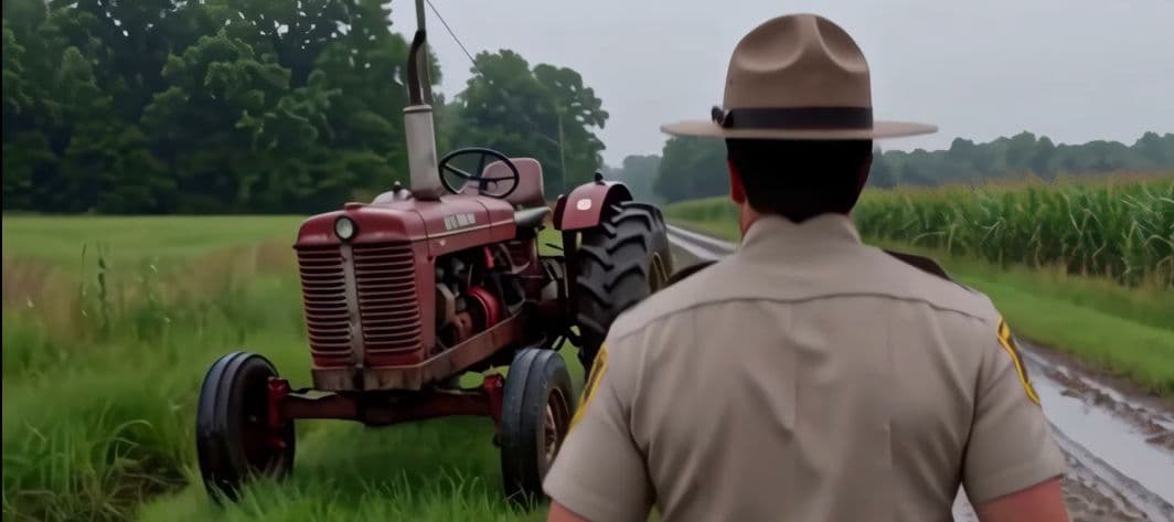 A sheriff approaches a red tractor on a rural road, from the MiniMax H3 reference-video tutorial.